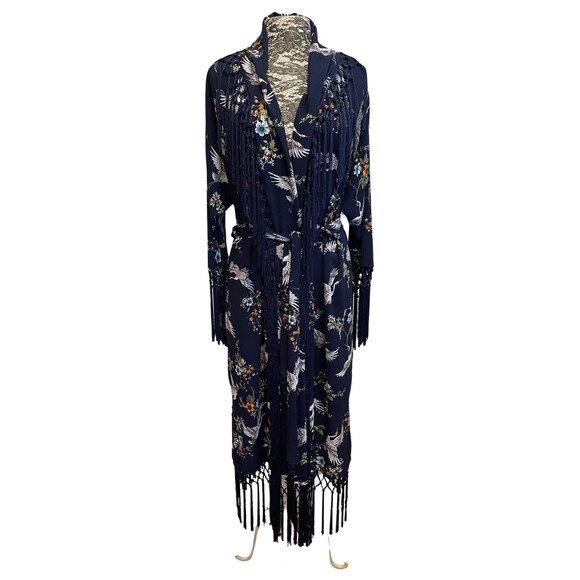 Jennafer Grace Kimono Robe Designer Handmade Blue Cranes Floral Fringe Boho S M - Picture 1 of 15
